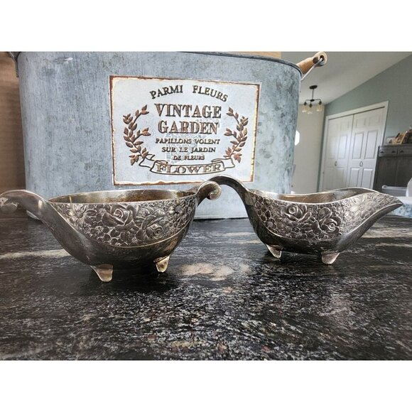 Silver Tone Metal Creamer Sugar Bowl Vintage Raised Floral Design 4 Footed Japan - Picture 2 of 5